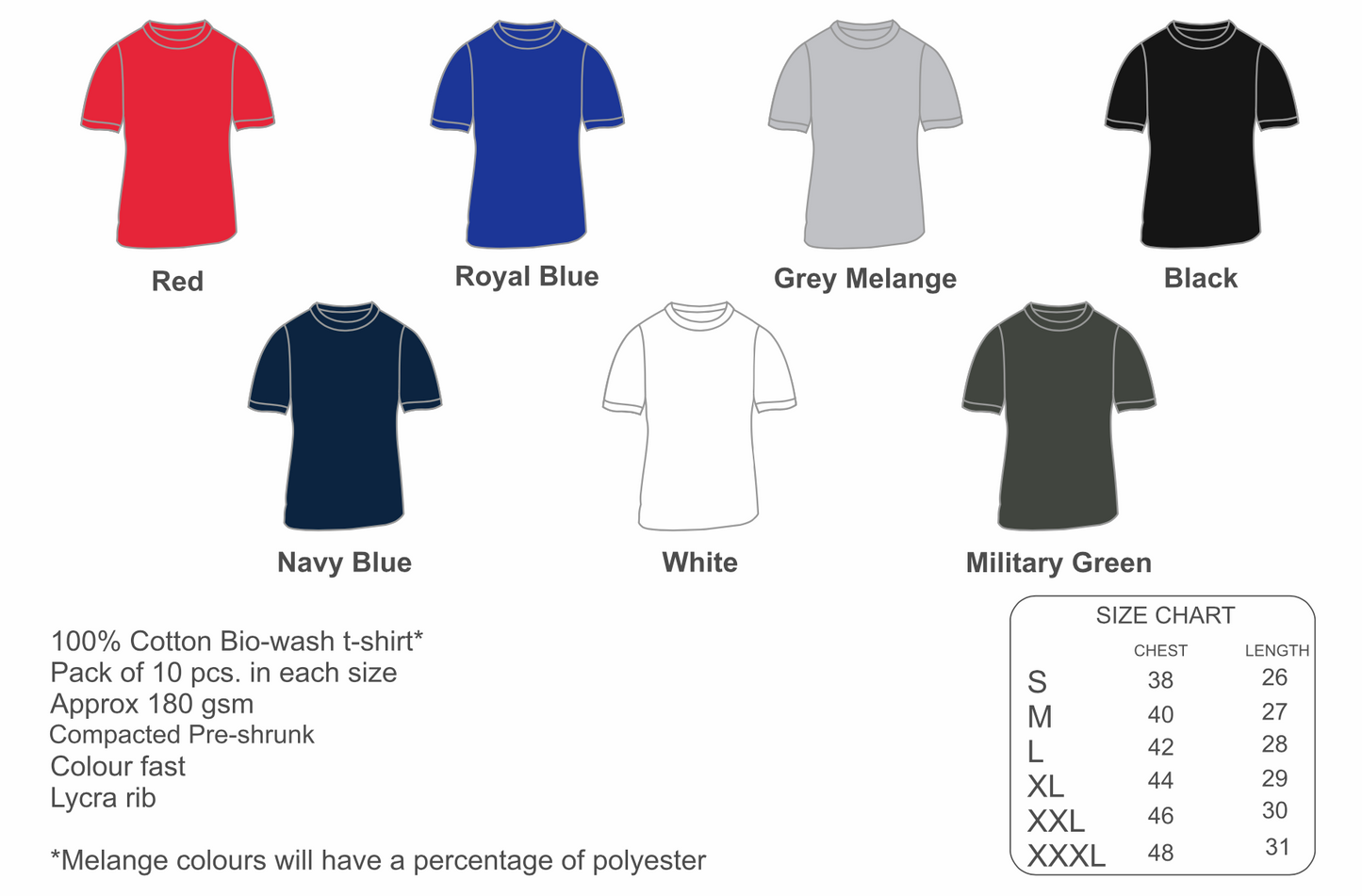 Colour chart for t-shirts in red, blue, gray, black, navy, white, and military green with size chart on the side.