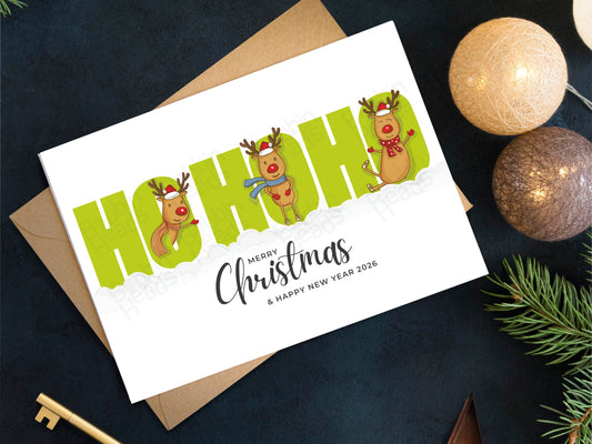 Hand-Drawn Christmas Card – Reindeer HO HO HO | White envelopes included