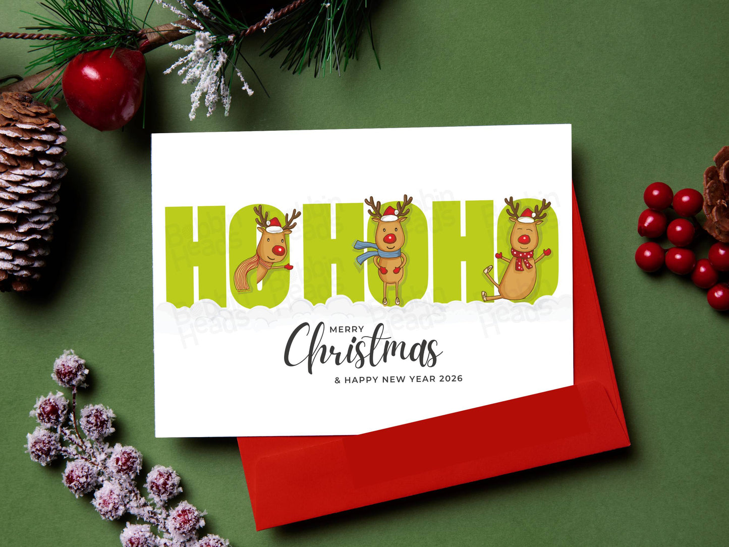 Hand-Drawn Christmas Card – Reindeer HO HO HO | White envelopes included