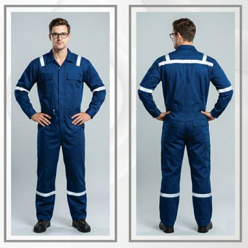 Person wearing a blue coverall with white stripes on a gray background