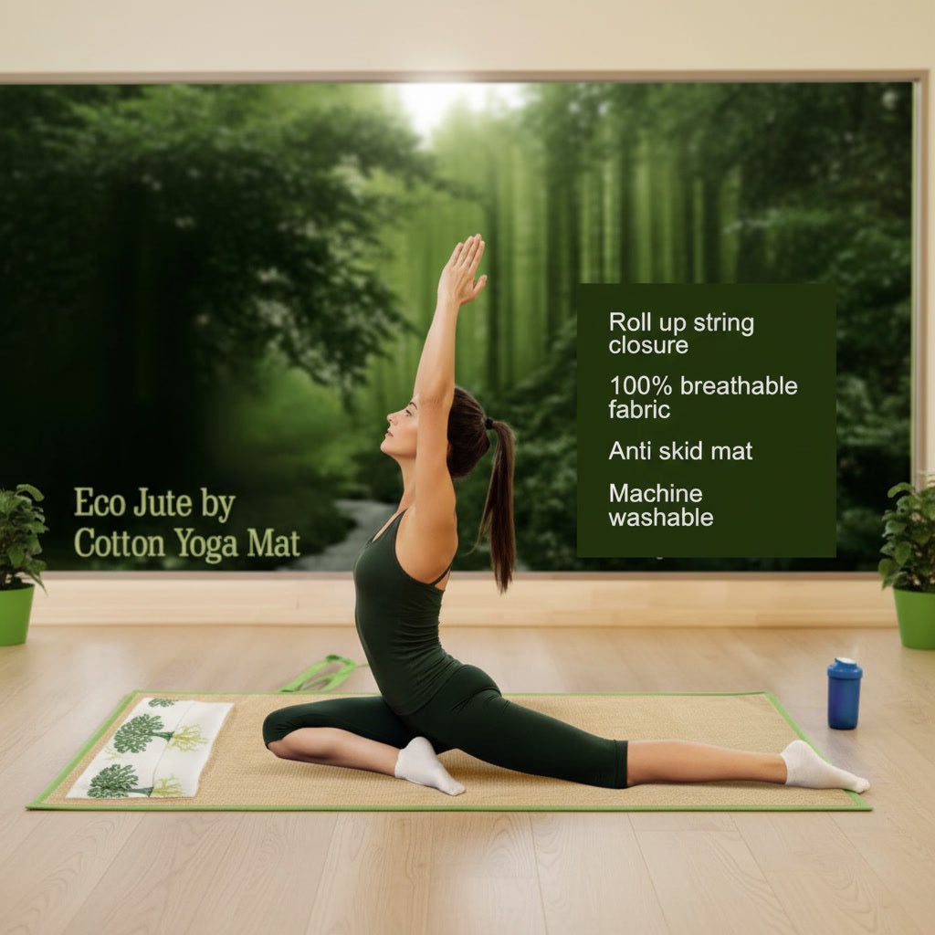 Woman practicing yoga on an Eco Jute by Cotton Yoga Mat with a forest background.