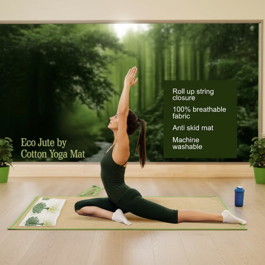 Woman practicing yoga on an Eco Jute by Cotton Yoga Mat with a forest background.