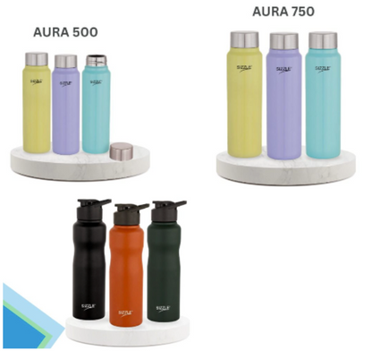 Collection of insulated bottles in various colors and models on a white background