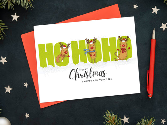Hand-Drawn Christmas Card – Reindeer HO HO HO | White envelopes included